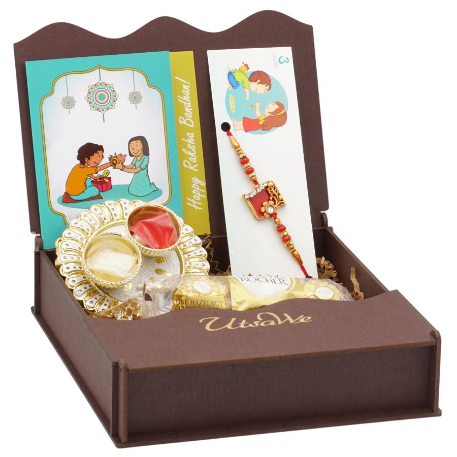 Blissful Rakhi Gift Hamper W/ Ruby Stone & Roli, Chaval, Card, Chocolates