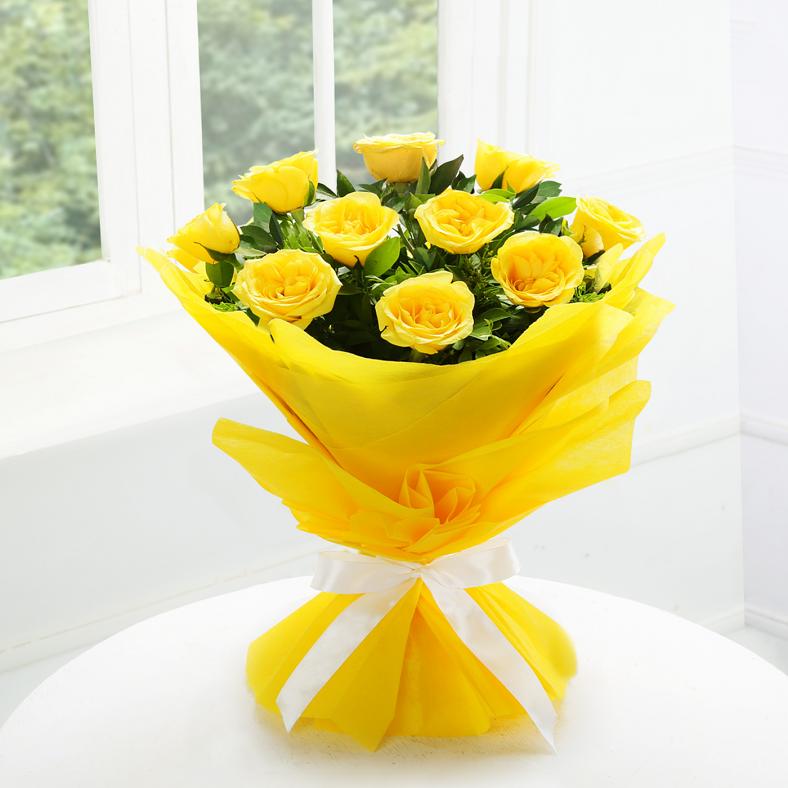 Bunch Of 10 Yellow Roses Wrapped in Tissue Paper #31567