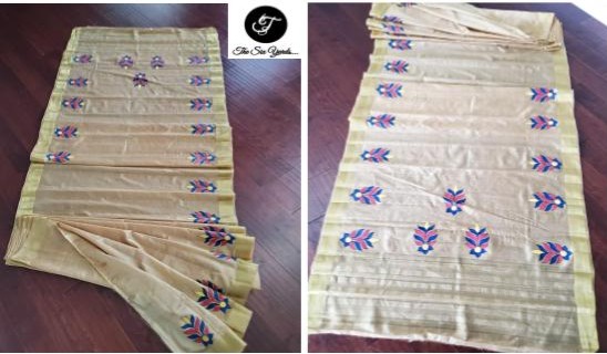 Handpainted Motifs Beige Gold Tussar Silk Saree 1