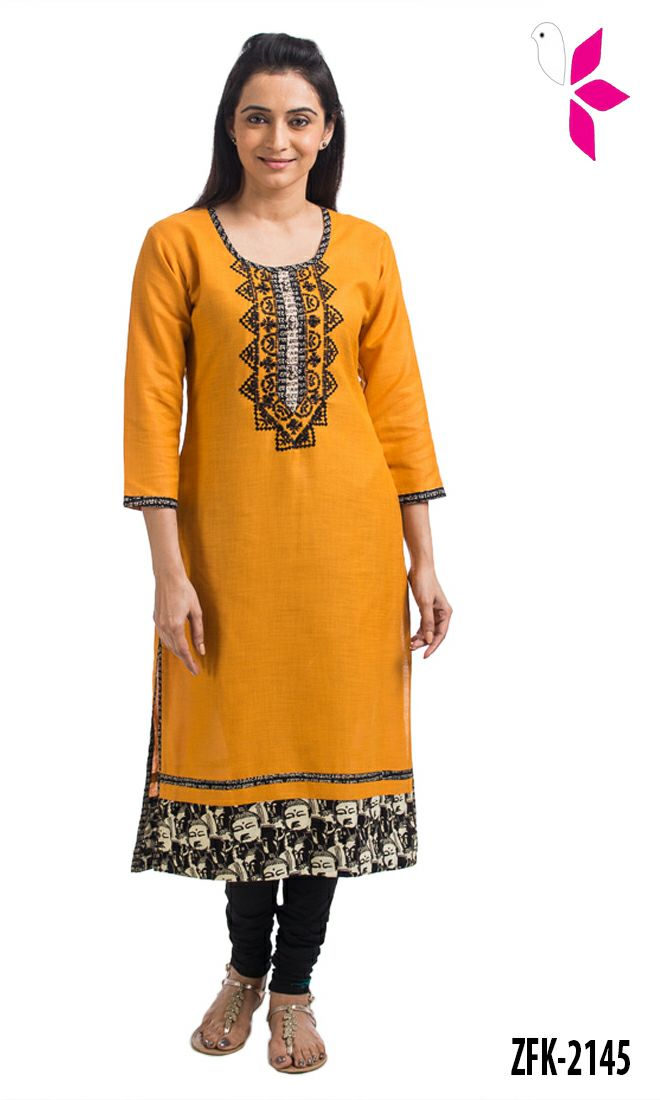 Beautiful Mustard Embroidered Cotton Kurti Tunic ( S ) 31034