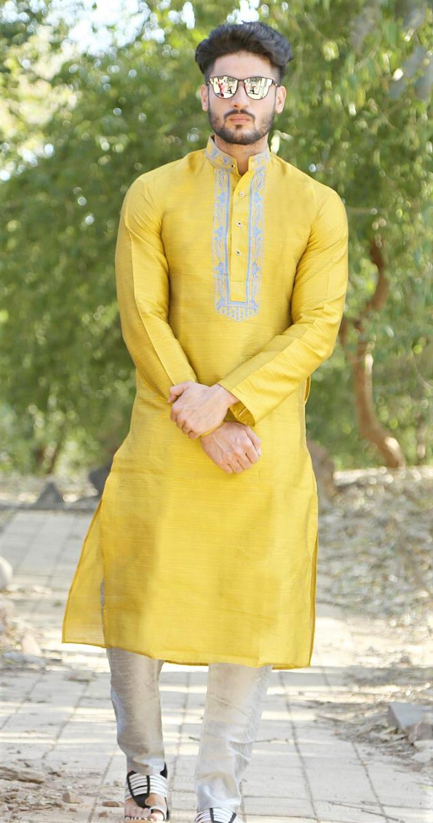 yellow short kurta with embroidery
