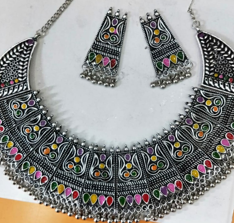 Colorful Necklace Set Indian Fashion Jewelry Silver Oxidized Style Western Style 