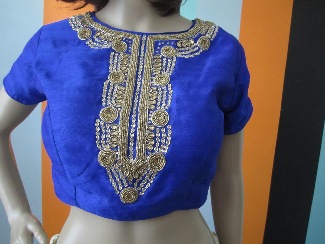 Raw Silk Royal Blue Blouse With Gold Work Around Neck Raw Silk Royal Blue Blouse With Gold Work Around Neck