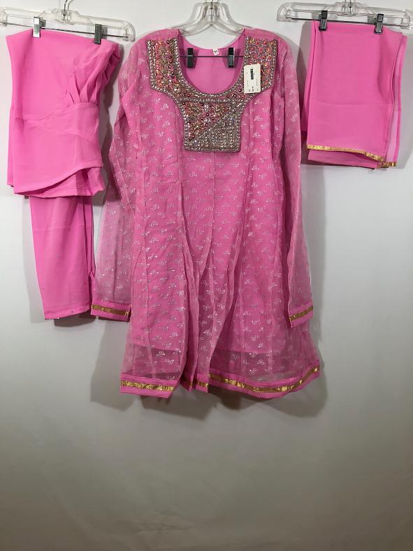 Pink Georgette Suite w/ Churidar Pants, w/ Matching Pink Georgette Dupatta Pink Georgette Suite w/ Churidar Pants, w/ Matching Pink Georgette Dupatta