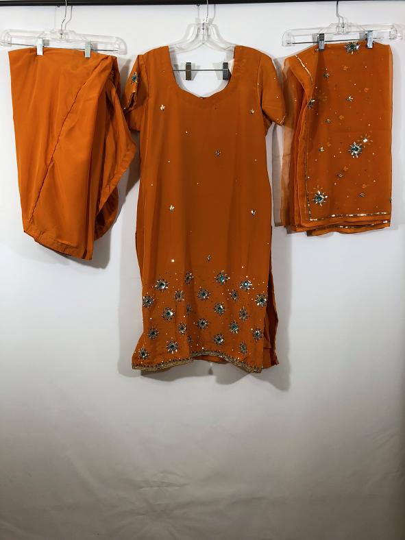 Dark Orange Color Crape Patiyala w/ Matching Chiffon Duppata Dark Orange Color Crape Patiyala w/ Matching Chiffon Duppata