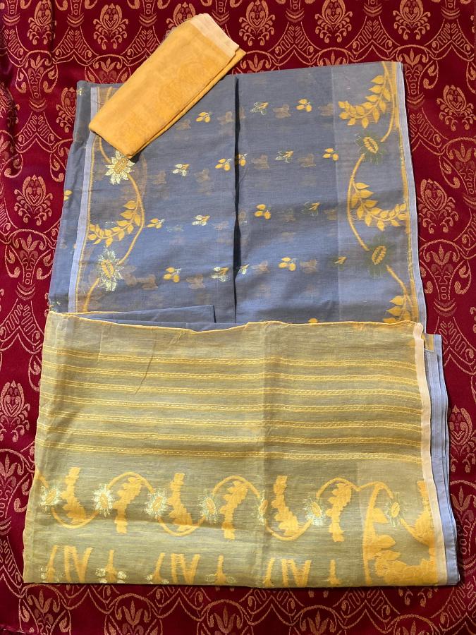 Handwoven Dhakai Jamdani Saree – Sky Blue with Gold & Silver Zari