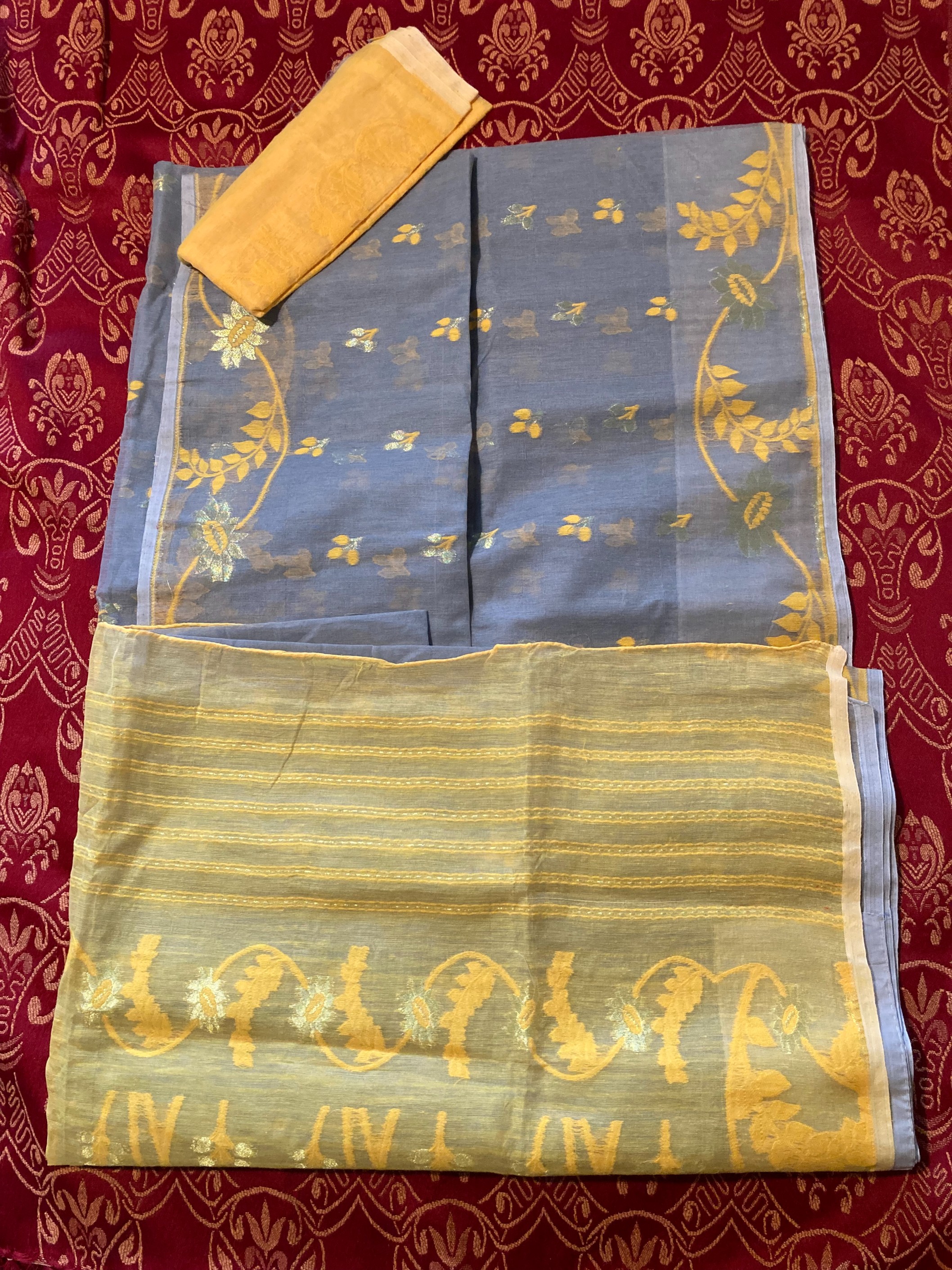 Handwoven Dhakai Jamdani Saree – Sky Blue with Gold & Silver Zari