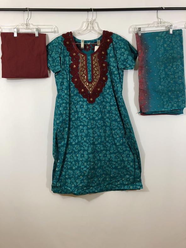 Teel Green Cotton Dress w/ Patiyala Pants Andchiffon Duppata Teel Green Cotton Dress w/ Patiyala Pants Andchiffon Duppata