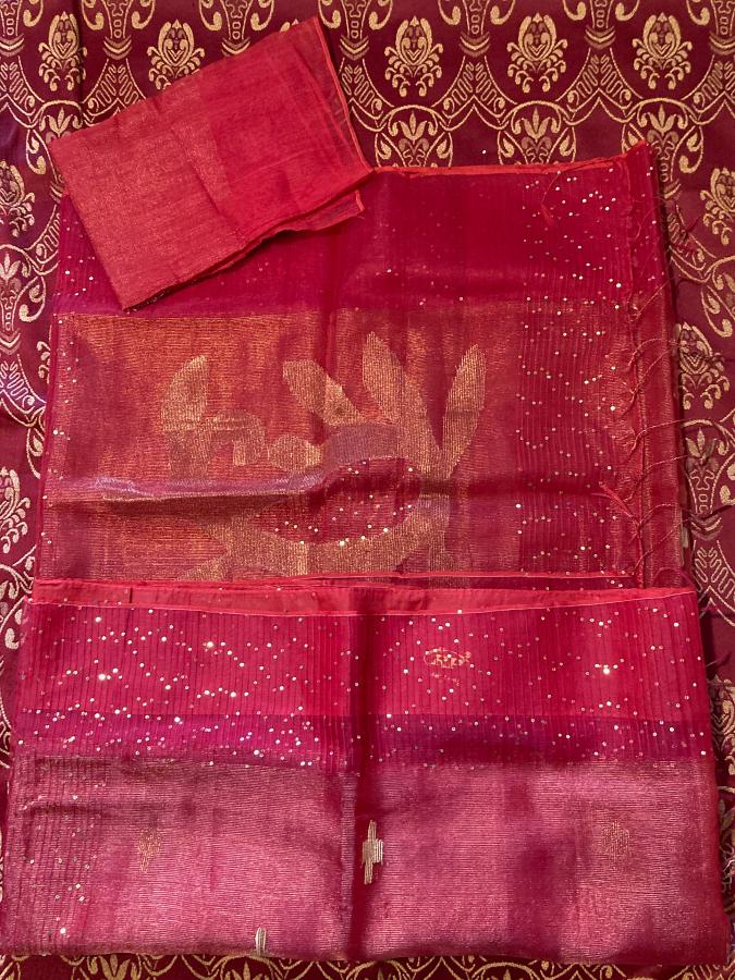 Elegant Resham Tissue Saree – Magenta with Gold Zari & Sequin Detailing