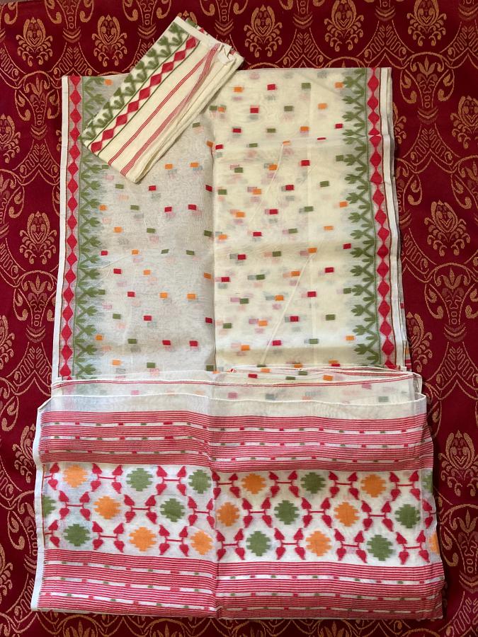 Handwoven Dhakai Jamdani Saree – Ivory White with Multicolor Woven Motifs