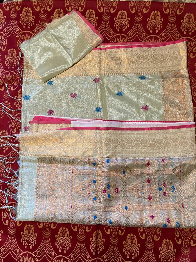 Tissue Banarasi Jamdani Saree – Ivory Gold with Multicolor Woven Motifs