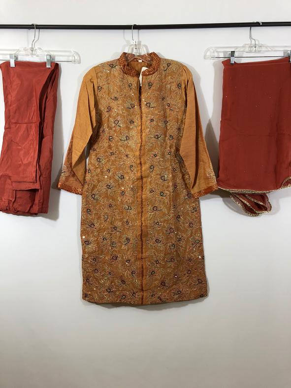Brown Raw Silk Dress w/ Churidar Pants & Chiffon Dupatta