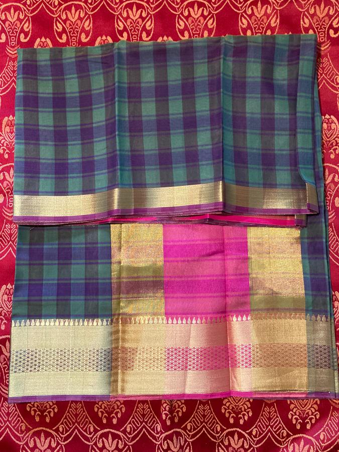 Mix Saree – Blue & Teal Checks with Gold Zari Border