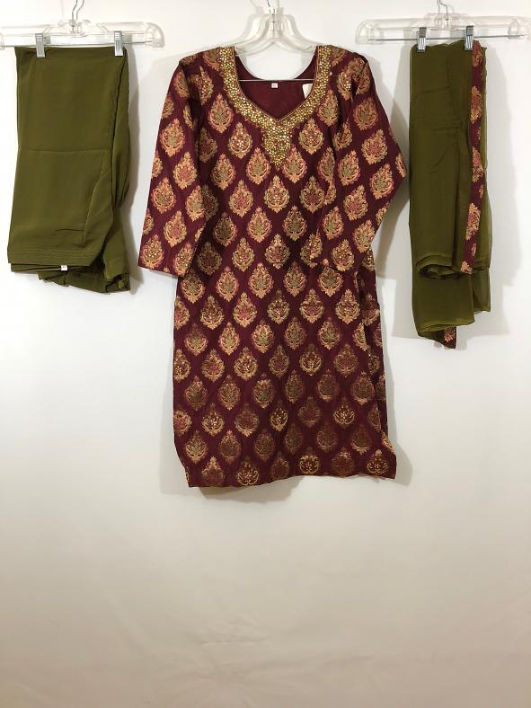 Dark Maroon Jaquard Patiala w/ Crape Pants & Chiffon Duppata