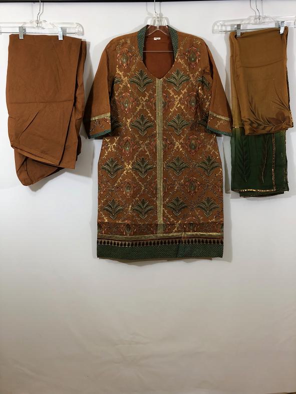 Brown Cotton Patiala w/ Long Top & Chiffon Duppata & Cotton Pants Brown Cotton Patiala w/ Long Top & Chiffon Duppata & Cotton Pants