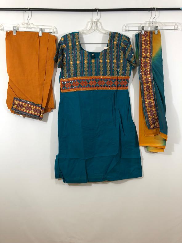 Teal Blue Multi Color Patiala w/ Chiffon Stole & Cotton Mustard Pants Teal Blue Multi Color Patiala w/ Chiffon Stole & Cotton Mustard Pants