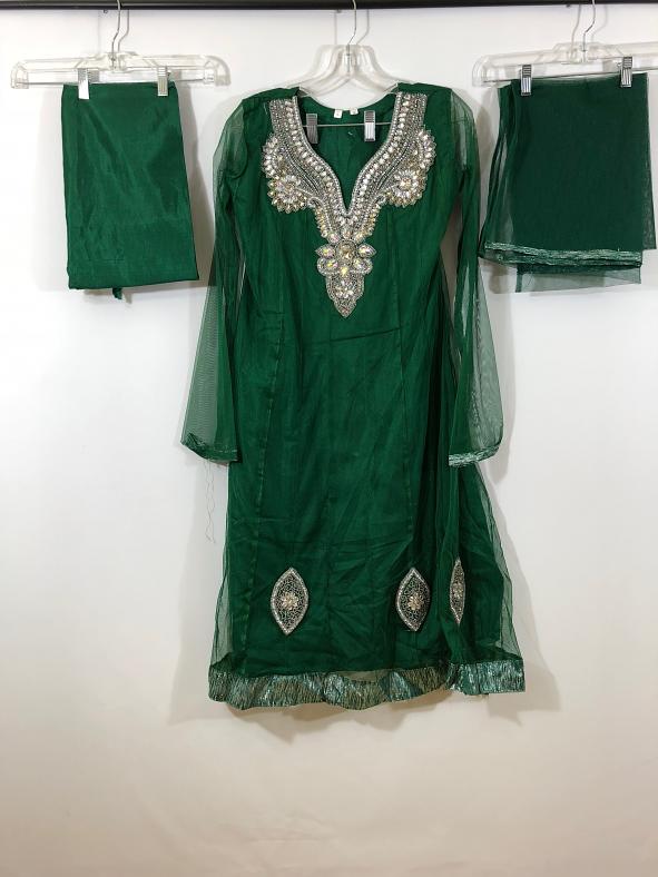 Green Net Suite w/ Satin Churidar Pants & Net Dupatta
