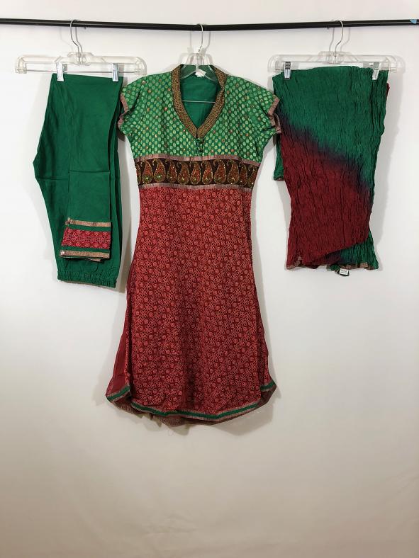 Green & Marron Chiffon Cut Thread Work Suite w/ Satin Pants & Crushed Polyster Dupatta Green & Marron Chiffon Cut Thread Work Suite w/ Satin Pants & Crushed Polyster Dupatta