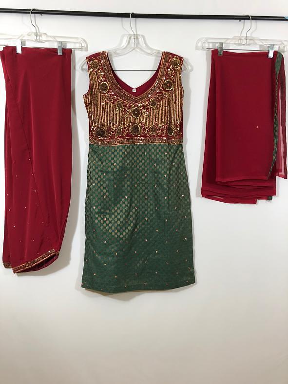 Green & Maroon Chanderi Cotton Jacquard Dress w/ Patiyala Pand & Chiffon Dupatta