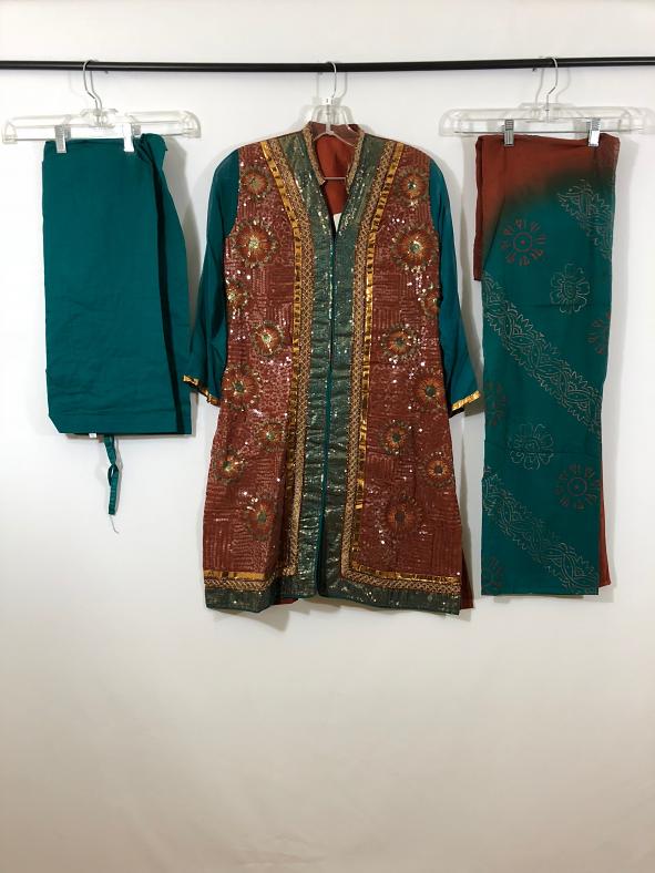 Brick Brown & Teel Greencotton Dress w/ Patiyala Pants w/ Chiffon Dupatta Brick Brown & Teel Greencotton Dress w/ Patiyala Pants w/ Chiffon Dupatta