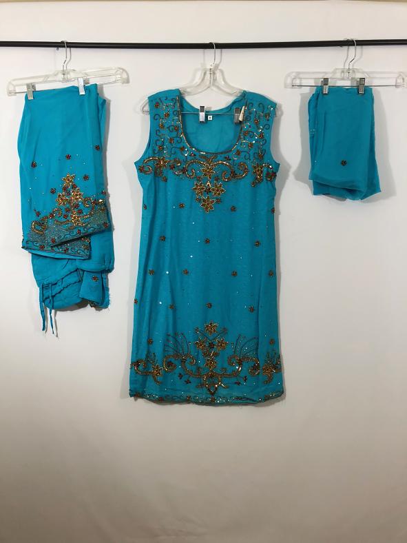 Blue Crepe Dress w/ Patiyala Pants & Chiffon Dupatta w/ Optional Sleeves