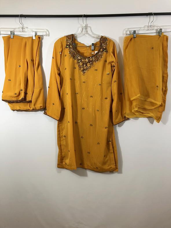 Mustarad Crepe Dress w/ Salwar Pants & Chiffon Dupatta