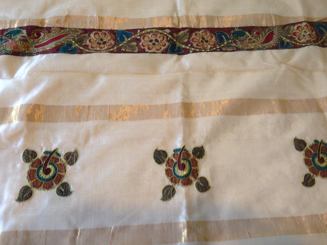 Cream Kalamkari Cotton Silk Saree w/ Aari Embroidery