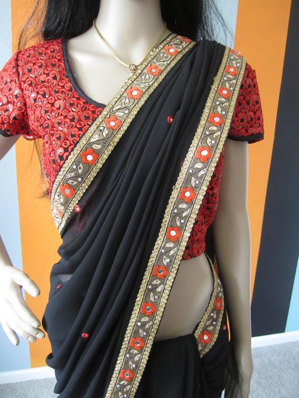 Designer Black & Orange Embroidery Saree With Ready Designed Blouse! Designer Black & Orange Embroidery Saree With Ready Designed Blouse!