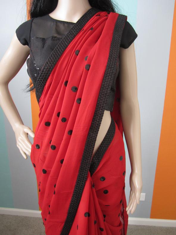 Designer Hot Red and Black Dot Saree With Black Sequins Blouse Designer Hot Red and Black Dot Saree With Black Sequins Blouse
