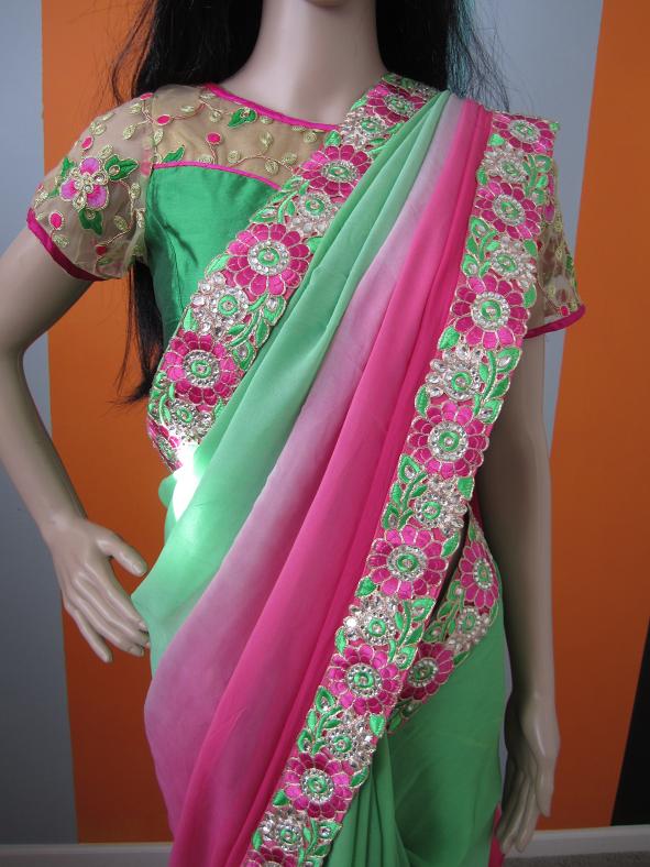 Designer Pink & Green Shaded Saree & Designer Ready Blouse Designer Pink & Green Shaded Saree & Designer Ready Blouse