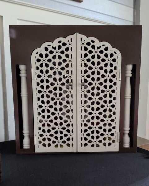 Wooden Puja Mandir for Home with Carving & Door - 24"