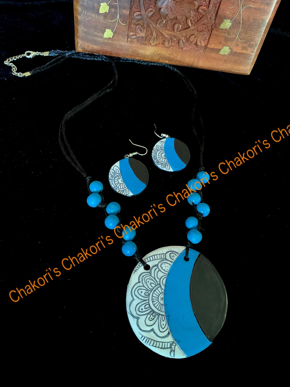 Blue n white pendant -Eco Friendly Hand-painted Terracotta jewelry 