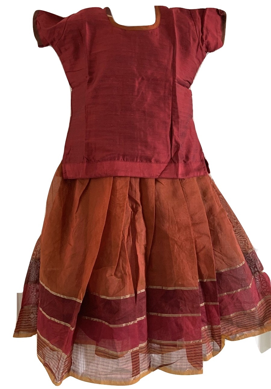 Maroon and Honey Color Cotton Pattu Pavada - Size 22 ( 4yrs to 5yrs ) Maroon and Honey Color Cotton Pattu Pavada - Size 22 ( 4yrs to 5yrs )