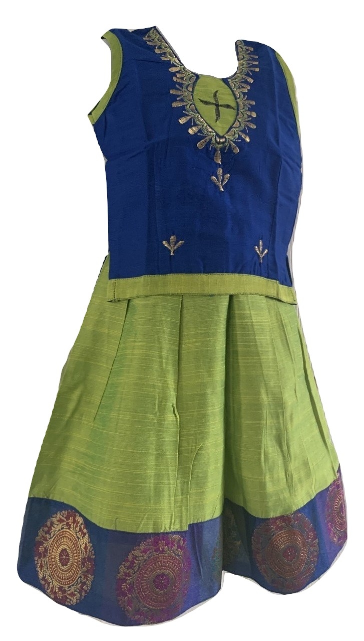 Fluorescent Green & Blue Pattu Pavada Pattu Parikini - Size 12, 14 and 16