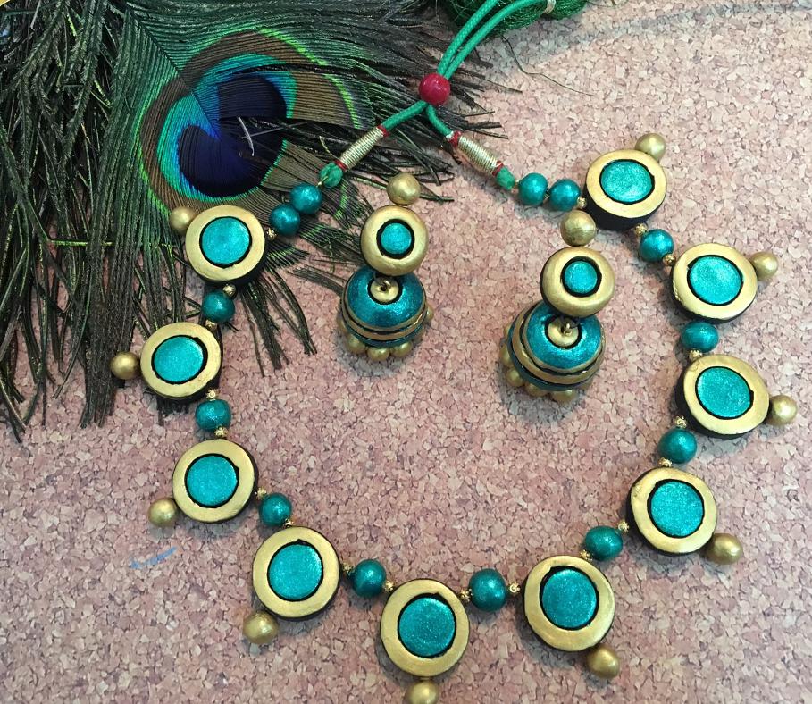 Green and Gold terracotta Choker Set w/ Medium Sized Jhumkas Green and Gold terracotta Choker Set w/ Medium Sized Jhumkas