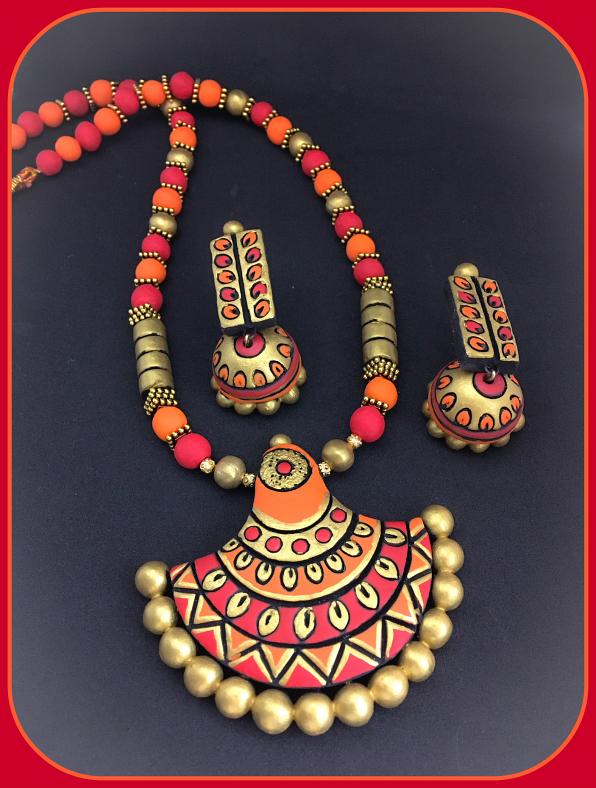 Lovely Designer Terracotta Set in Red & Orange Combo w/ Jhumka Lovely Designer Terracotta Set in Red & Orange Combo w/ Jhumka