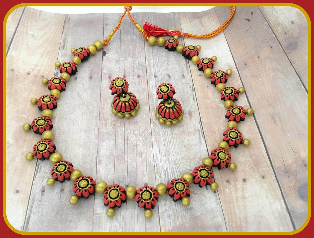 Handmade Floral Terracotta Necklace w/ Jhumkas in Shades of Red Handmade Floral Terracotta Necklace w/ Jhumkas in Shades of Red