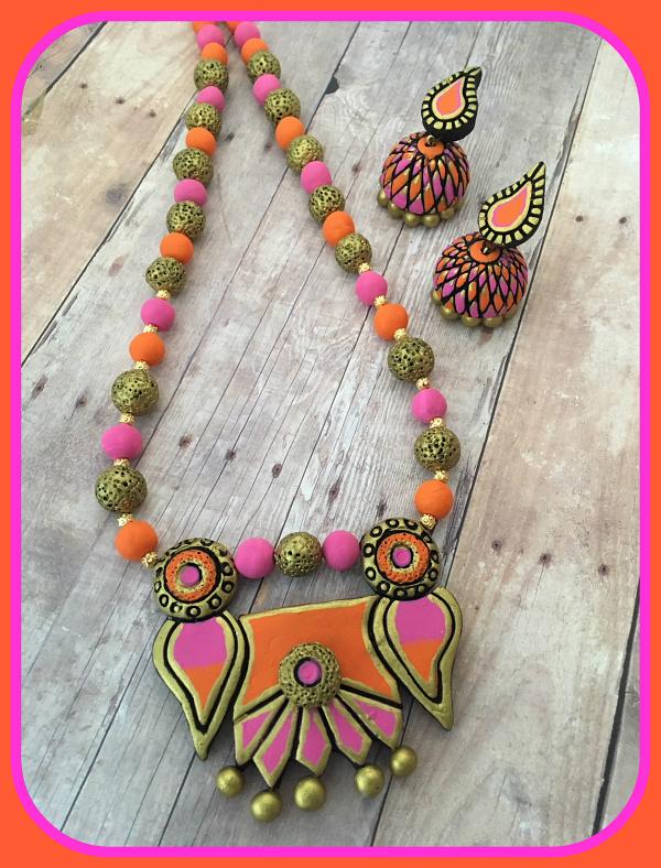 Pleasing Rectangle Pendant w/ Large Sized Jhumkas in Orange & Pink Pleasing Rectangle Pendant w/ Large Sized Jhumkas in Orange & Pink