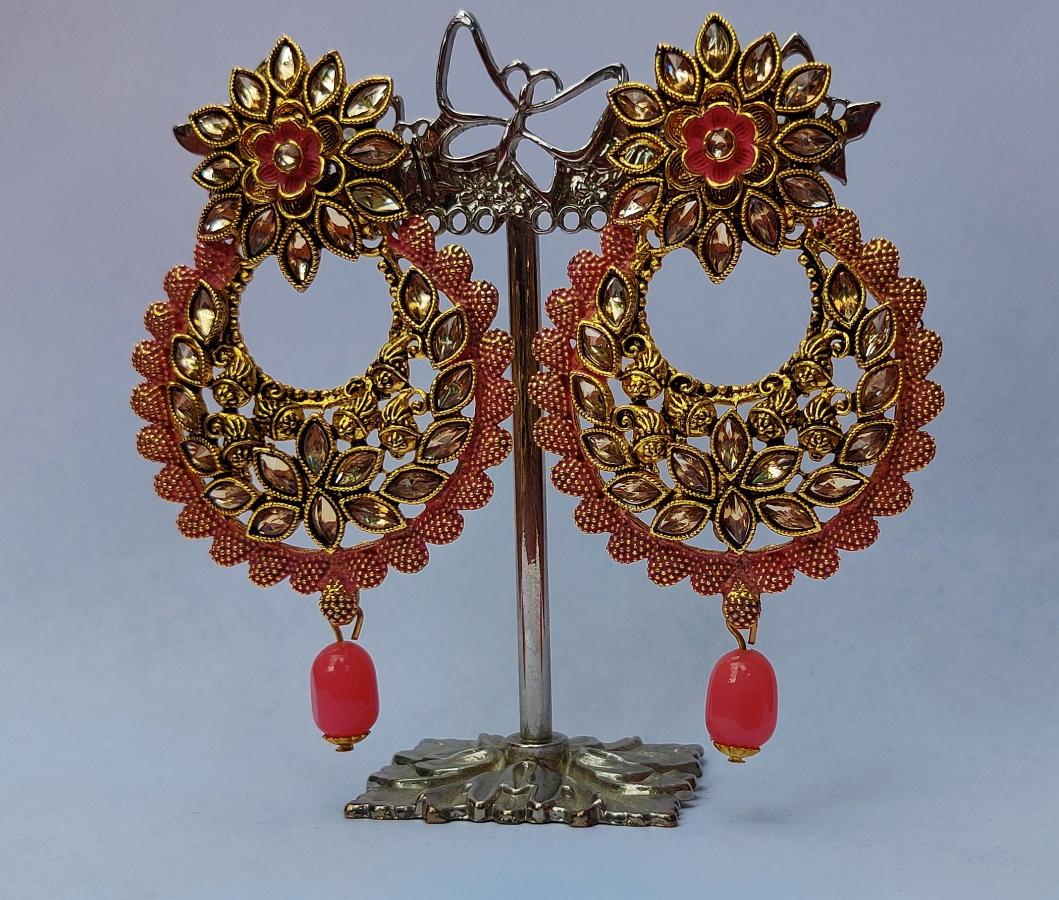 Long Earings - Gold With diamonds & Pink Pearls