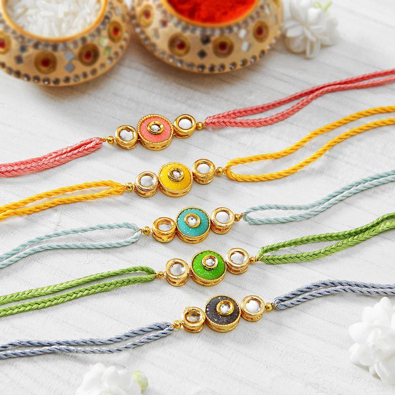 Colorful Kundan Stone 5 Rakhi Set for Brother in India