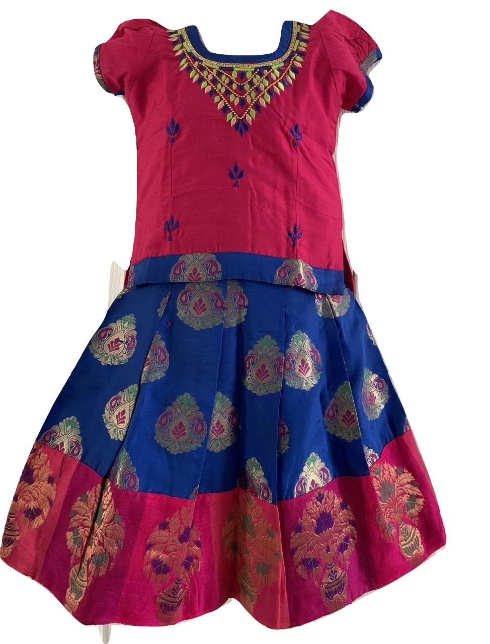 Blue and Pink Chanderi Pattu Pavada - Size 18 ( 2yrs to 3yrs) Blue and Pink Chanderi Pattu Pavada - Size 18 ( 2yrs to 3yrs)