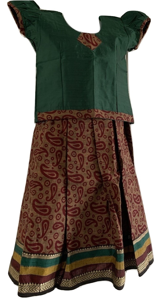 Brown and Green Pattu Pavada - Size 18 ( 2 yrs to 3 yrs ) Brown and Green Pattu Pavada - Size 18 ( 2 yrs to 3 yrs )