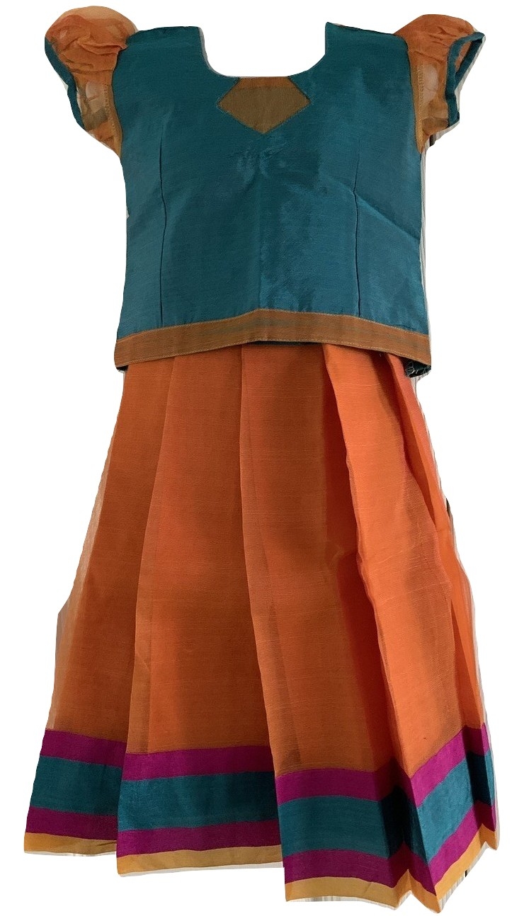 Orange and Blue Pattu Pavada - Size 18 ( 2yrs to 3yrs )