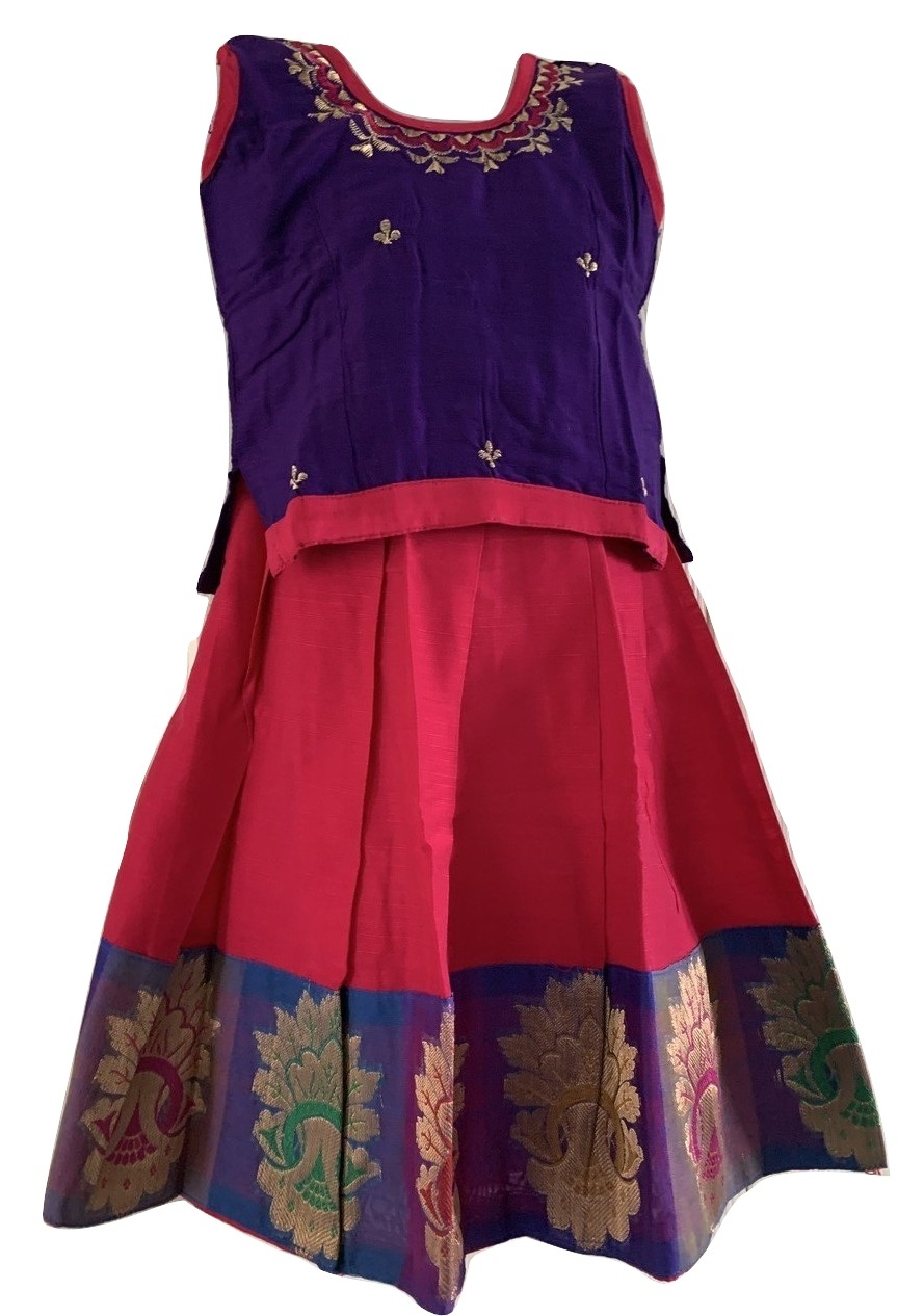 Pink and Purple Pattu Pavada Pattu Parikini - Size 14 ( 6 months to 1 yrs ) Pink and Purple Pattu Pavada Pattu Parikini - Size 14 ( 6 months to 1 yrs )