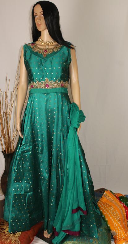 Bottle Green Front Open Gown Style Long Dress