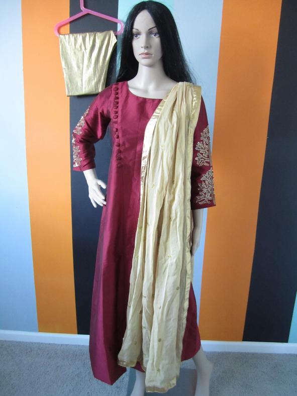 Party Wear Rich Maroon and Gold Silk Suit Set - Size M Party Wear Rich Maroon and Gold Silk Suit Set - Size M