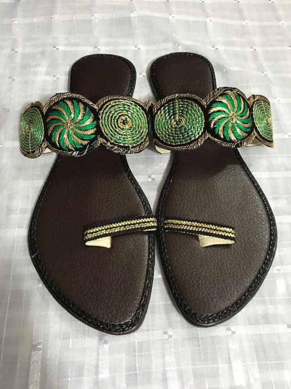 Brown Women Fancy Sandals w/ Teal Green & Gold Design 7,10,11