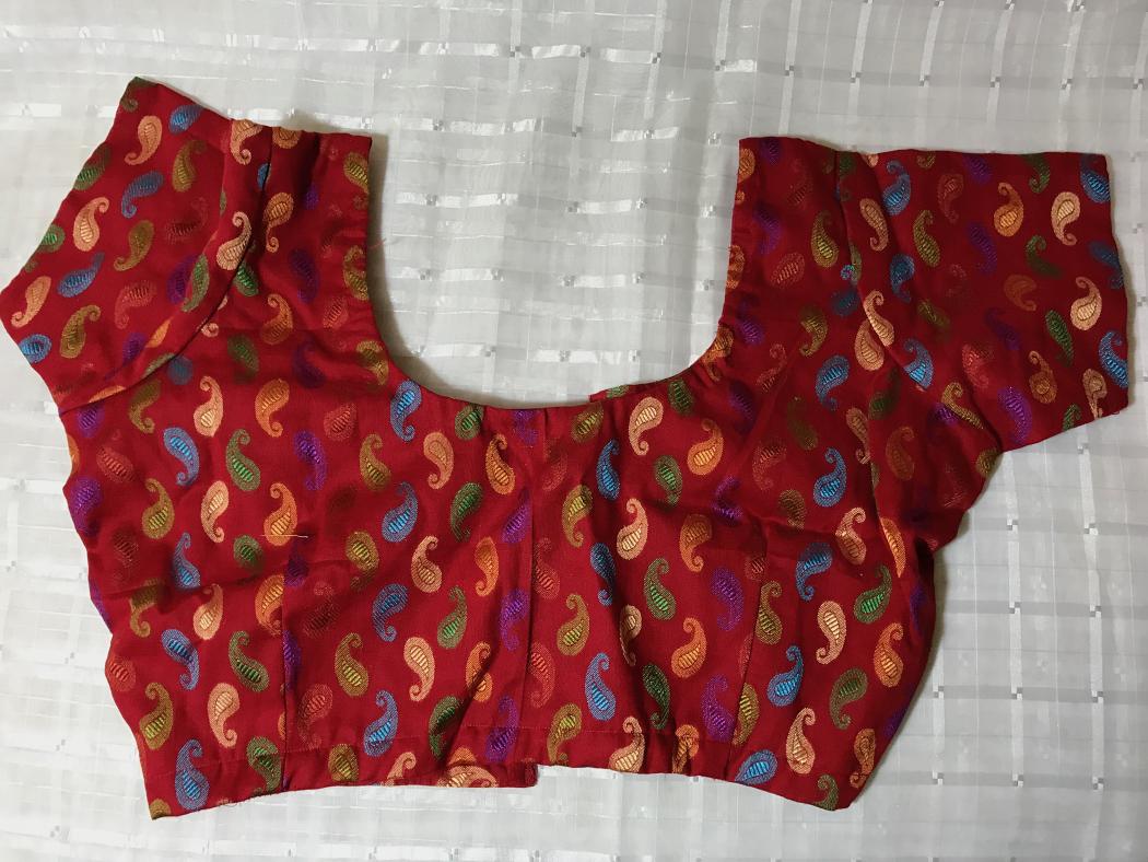 Red w/ Multi Color Mango Pattern Satin Readymade Blouse S-L Red w/ Multi Color Mango Pattern Satin Readymade Blouse S-L