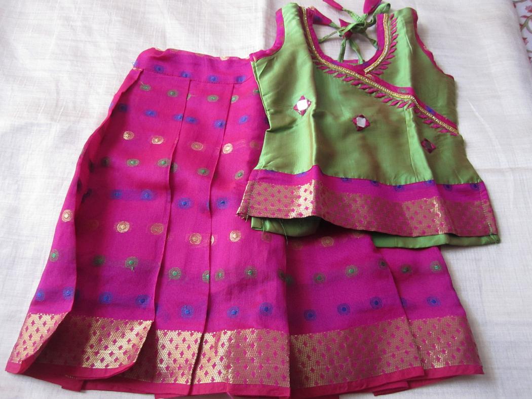 Pink & Green Chanderi Pattu Pavada Dress for Baby Girls 6