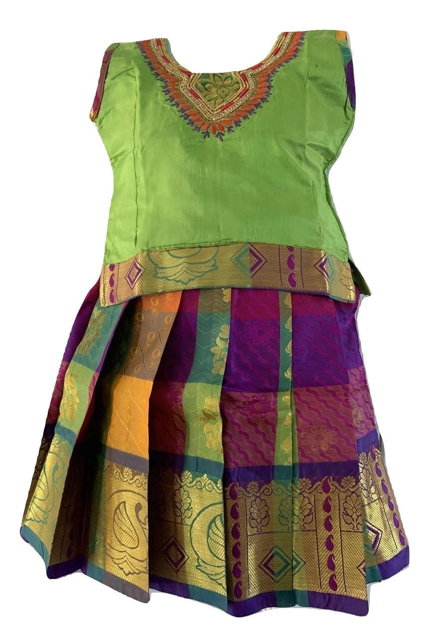 Multi Color & Green Pattu Pavada - Size 12 ( 0 to 6 Months ) Multi Color & Green Pattu Pavada - Size 12 ( 0 to 6 Months )
